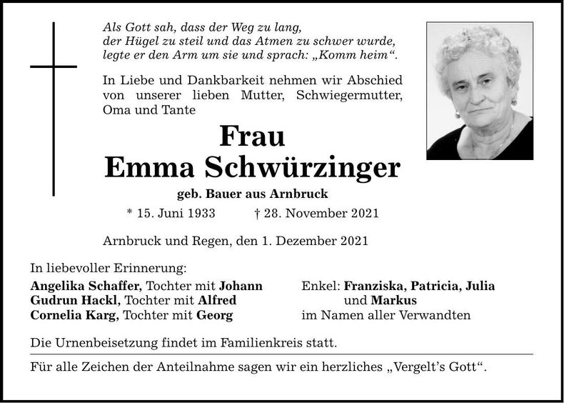 Traueranzeige Emma Schwürzinger