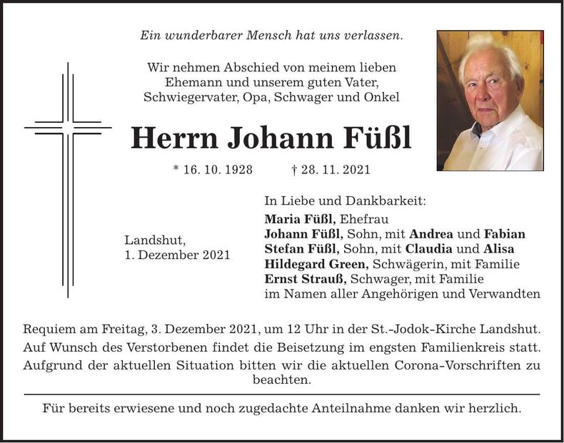 Traueranzeige Johann Füßl