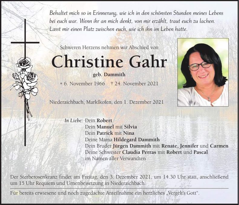 Traueranzeige Christine Gahr