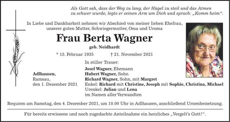 Traueranzeige Berta Wagner