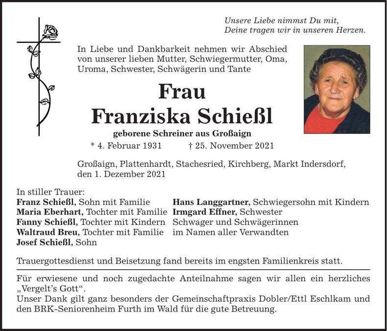 Traueranzeige Franziska Schießl