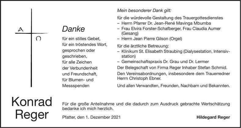Traueranzeige Konrad Reger