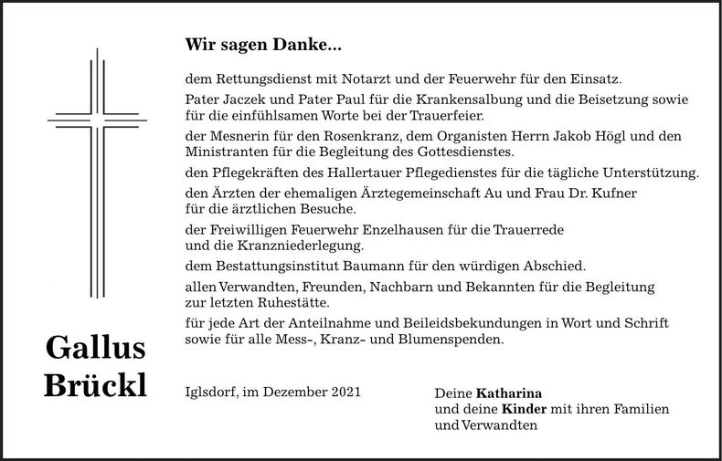Traueranzeige Gallus Brückl