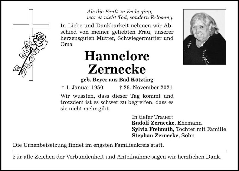 Traueranzeige Hannelore Zernecke