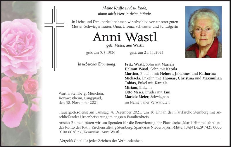 Traueranzeige Anni Wastl