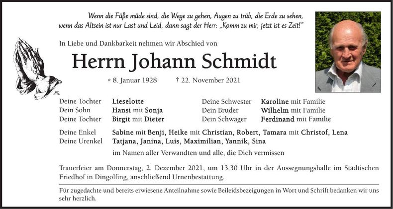 Traueranzeige Johann Schmidt