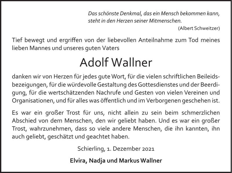 Traueranzeige Adolf Wallner