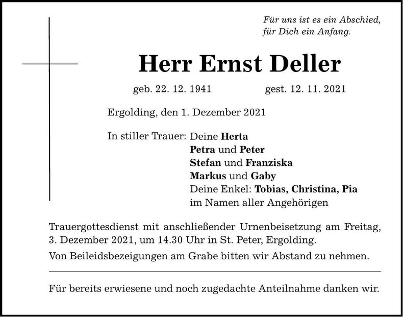 Traueranzeige Ernst Deller