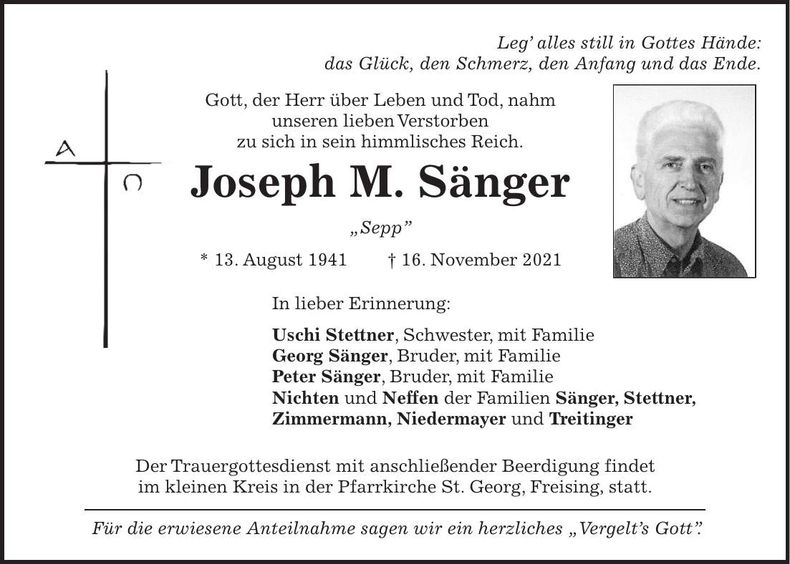 Traueranzeige Joseph M. Sänger