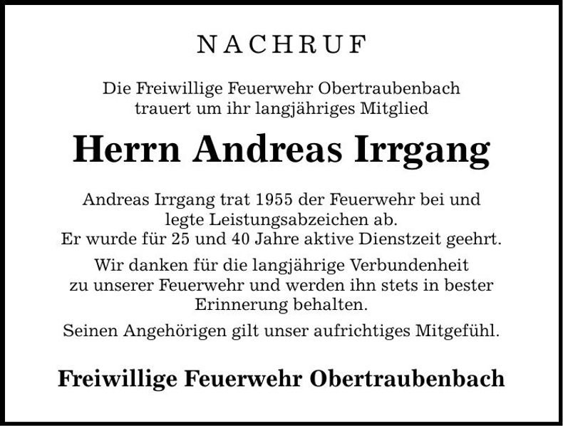 Traueranzeige Andreas Irrgang
