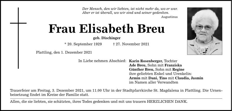 Traueranzeige Elisabeth Breu