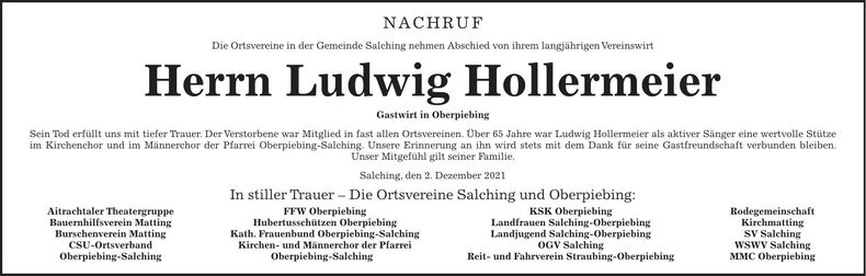 Traueranzeige Maria Hollermeier