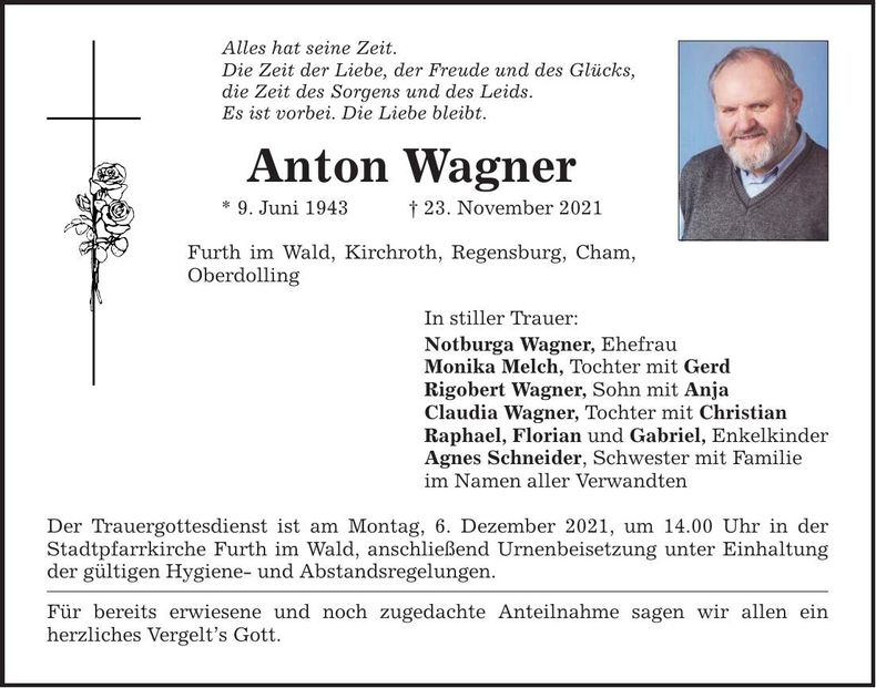 Traueranzeige Anton Wagner