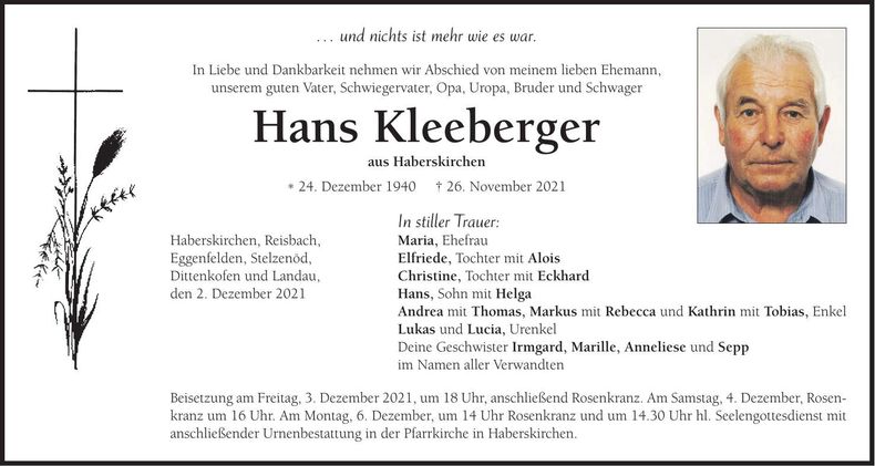 Traueranzeige Hans Kleeberger