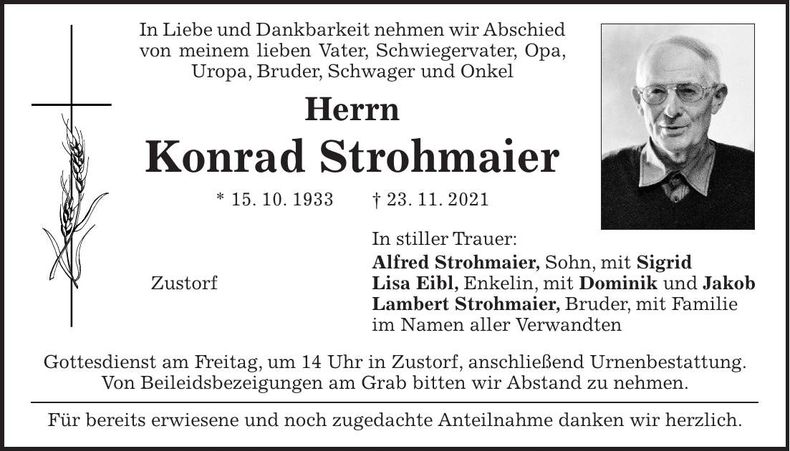 Traueranzeige Konrad Strohmaier