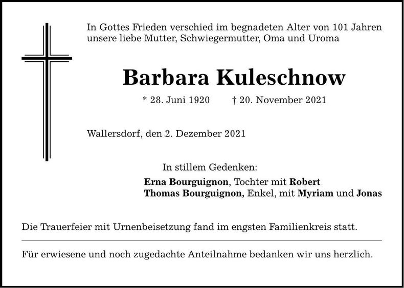 Traueranzeige Barbara Kuleschnow