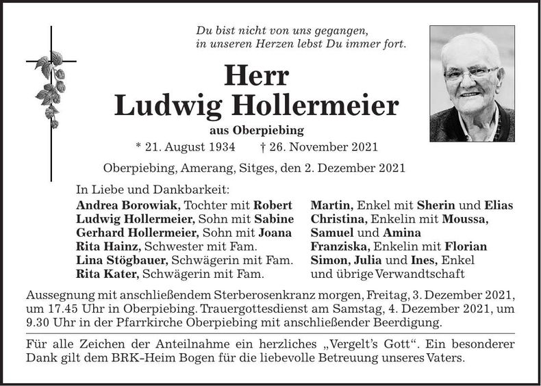 Traueranzeige Ludwig Hollermeier