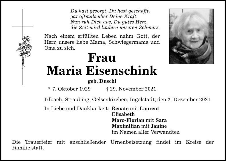Traueranzeige Maria Eisenschink