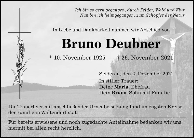 Traueranzeige Bruno Deubner