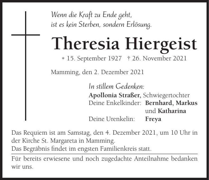 Traueranzeige Theresia Hiergeist