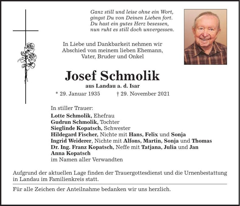 Traueranzeige Josef Schmolik