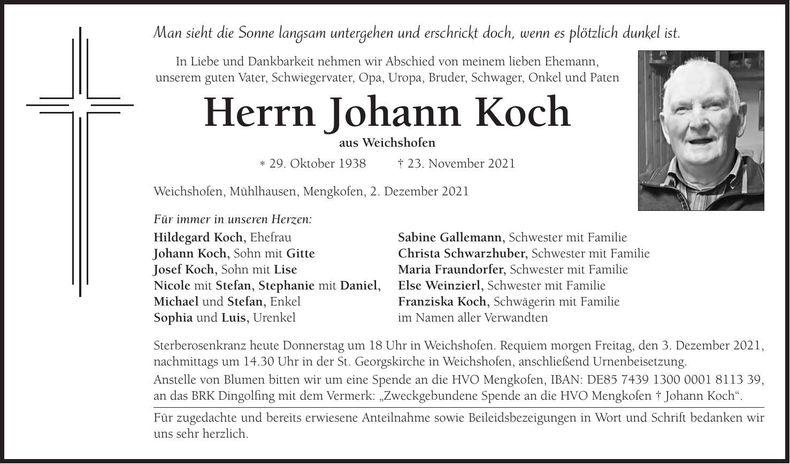 Traueranzeige Johann Koch