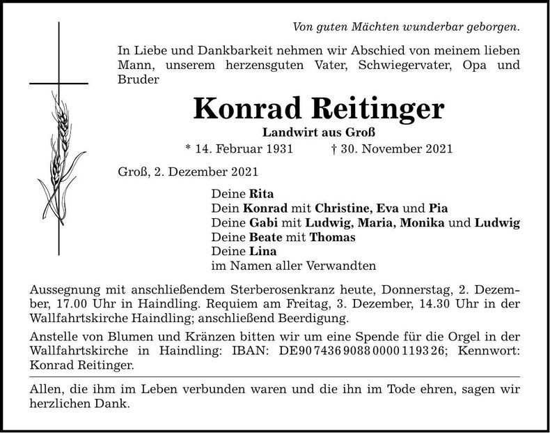 Traueranzeige Konrad Reitinger