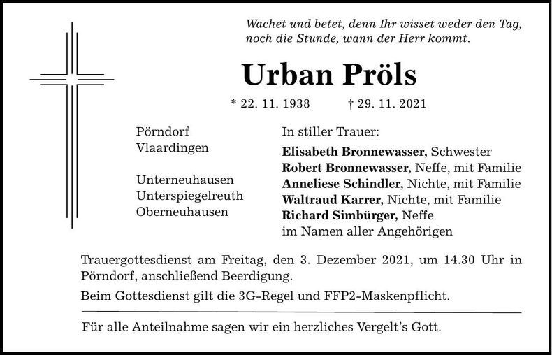 Traueranzeige Urban Pröls