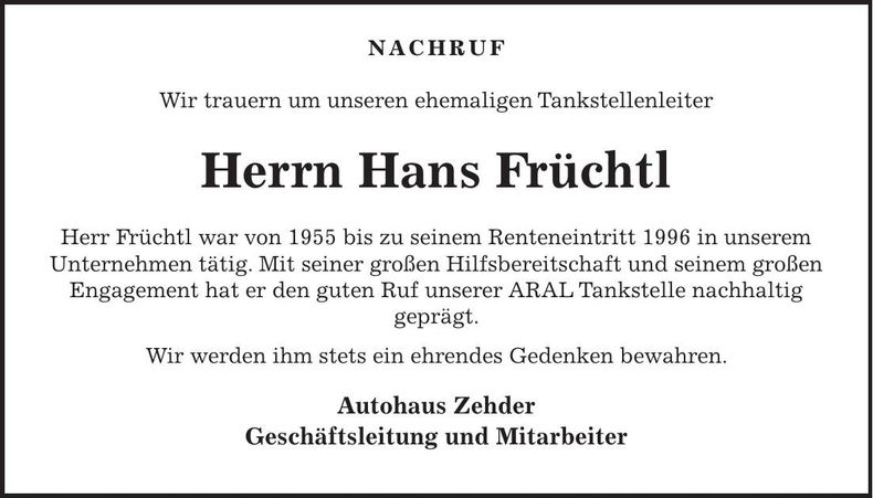 Traueranzeige Hans Früchtl
