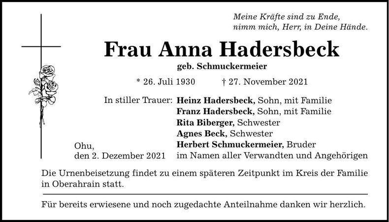 Traueranzeige Anna Hadersbeck