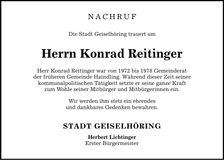 Traueranzeige Konrad Reitinger
