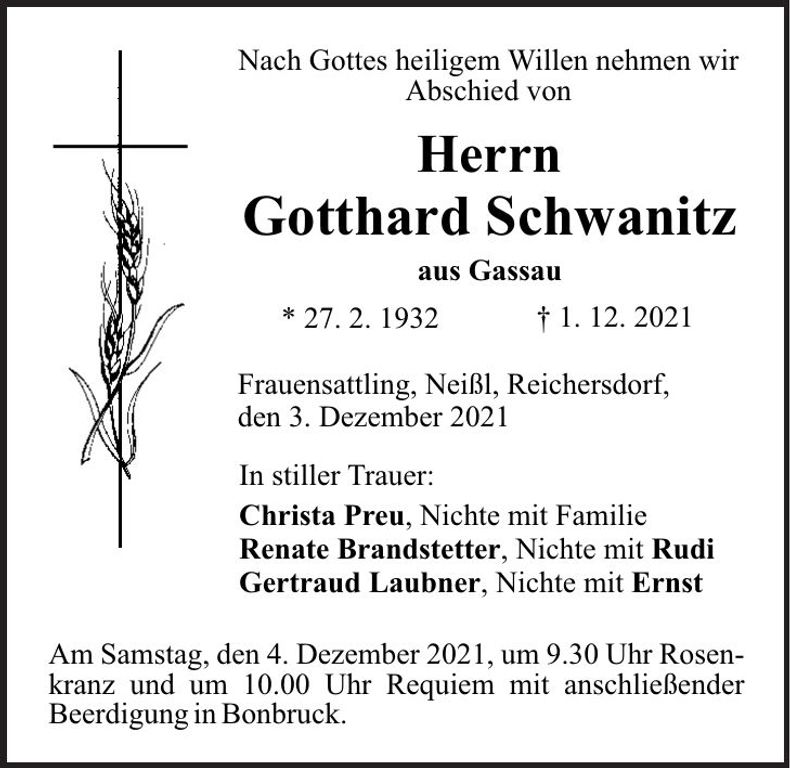 Traueranzeige Gotthard Schwanitz