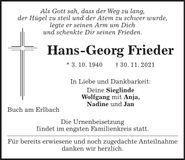 Traueranzeige Hans-Georg Frieder