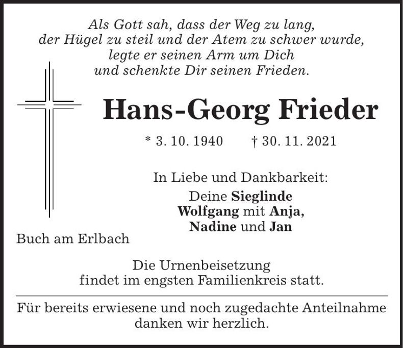 Traueranzeige Hans-Georg Frieder