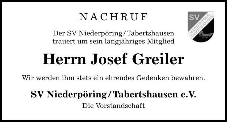 Traueranzeige Josef Greiler
