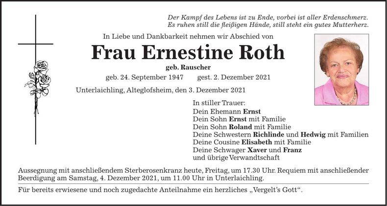 Traueranzeige Ernestine Roth