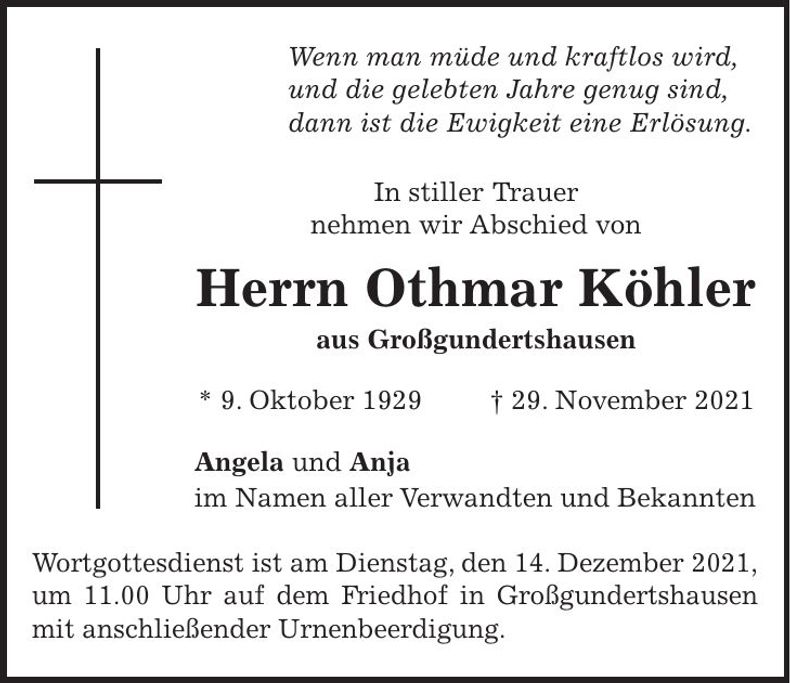 Traueranzeige Othmar Köhler