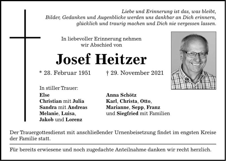 Traueranzeige Josef Heitzer