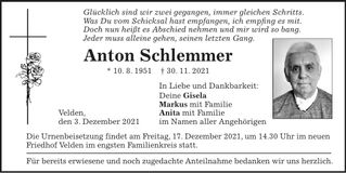 Traueranzeige Anton Schlemmer