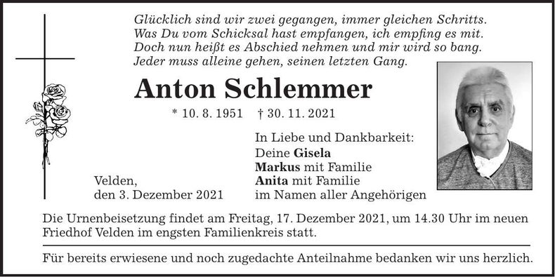 Traueranzeige Anton Schlemmer