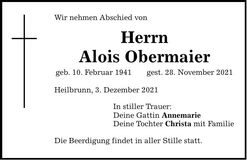 Traueranzeige Alois Obermaier