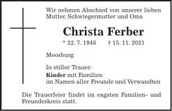 Traueranzeige Christa Ferber