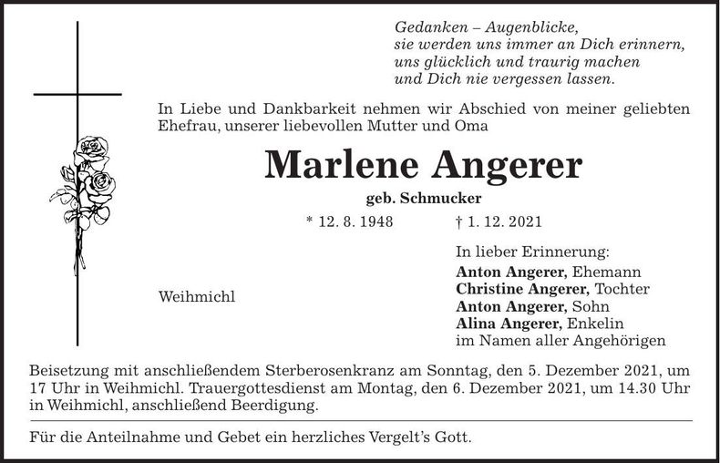 Traueranzeige Marlene Angerer