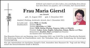 Traueranzeige Maria Gierstl
