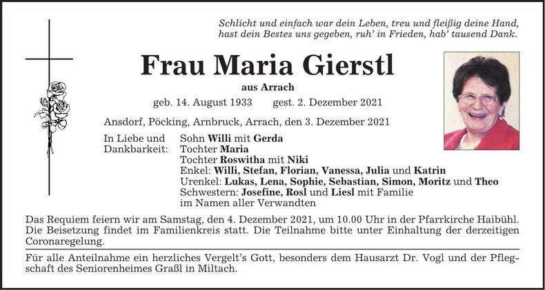 Traueranzeige Maria Gierstl