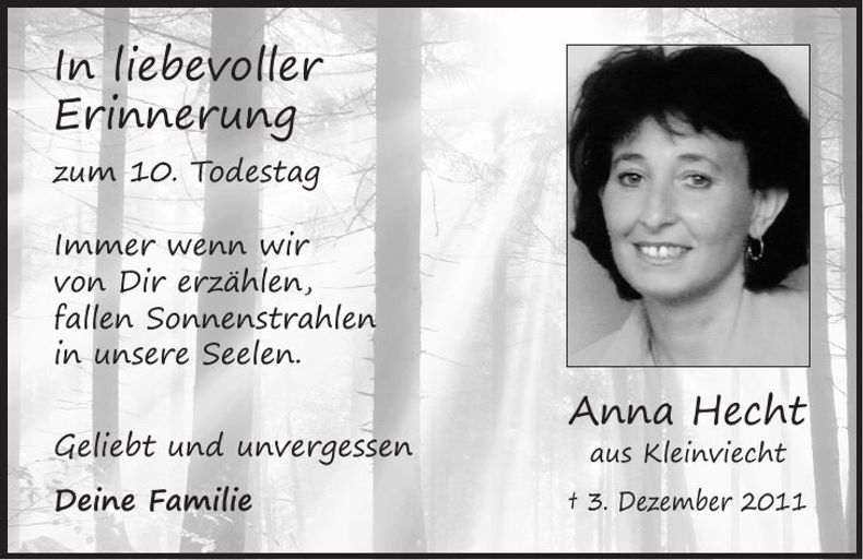 Traueranzeige Anna Hecht