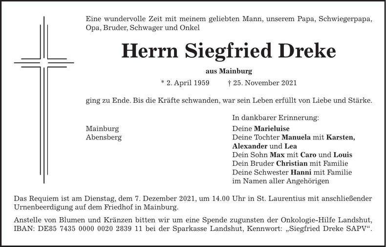 Traueranzeige Siegfied Dreke