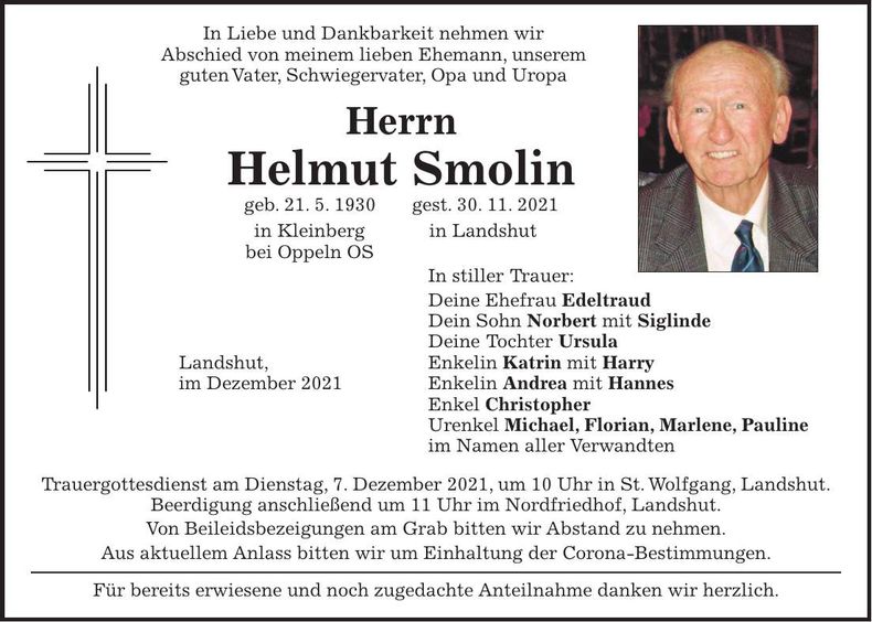 Traueranzeige Helmut Smolin