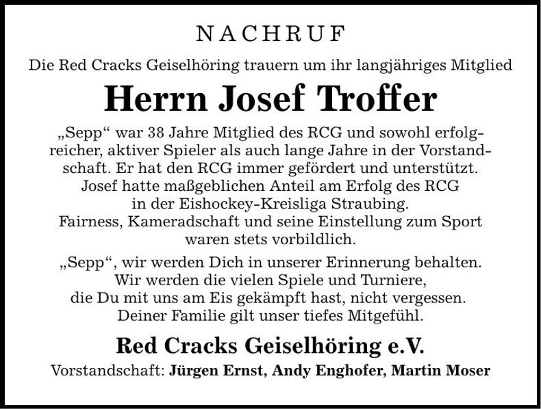 Traueranzeige Josef Troffer