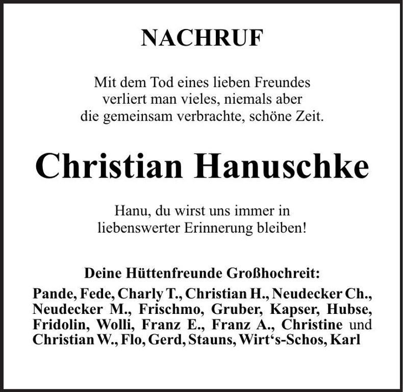 Traueranzeige Christian Hanuschke